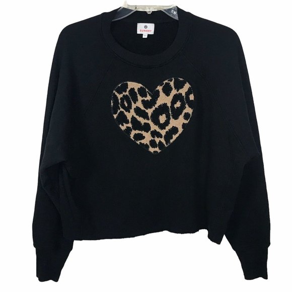 Sundry Womens Size 1 (US S) Leopard Heart Cropped Raw Hem Sweatshirt Black Cute - Picture 1 of 12